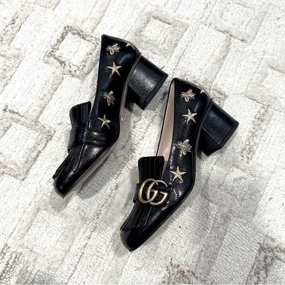 NIB Authentic Gucci Leather Quentin Loafers Embroidered Bee and Star Black 35.5 - Picture 2 of 8
